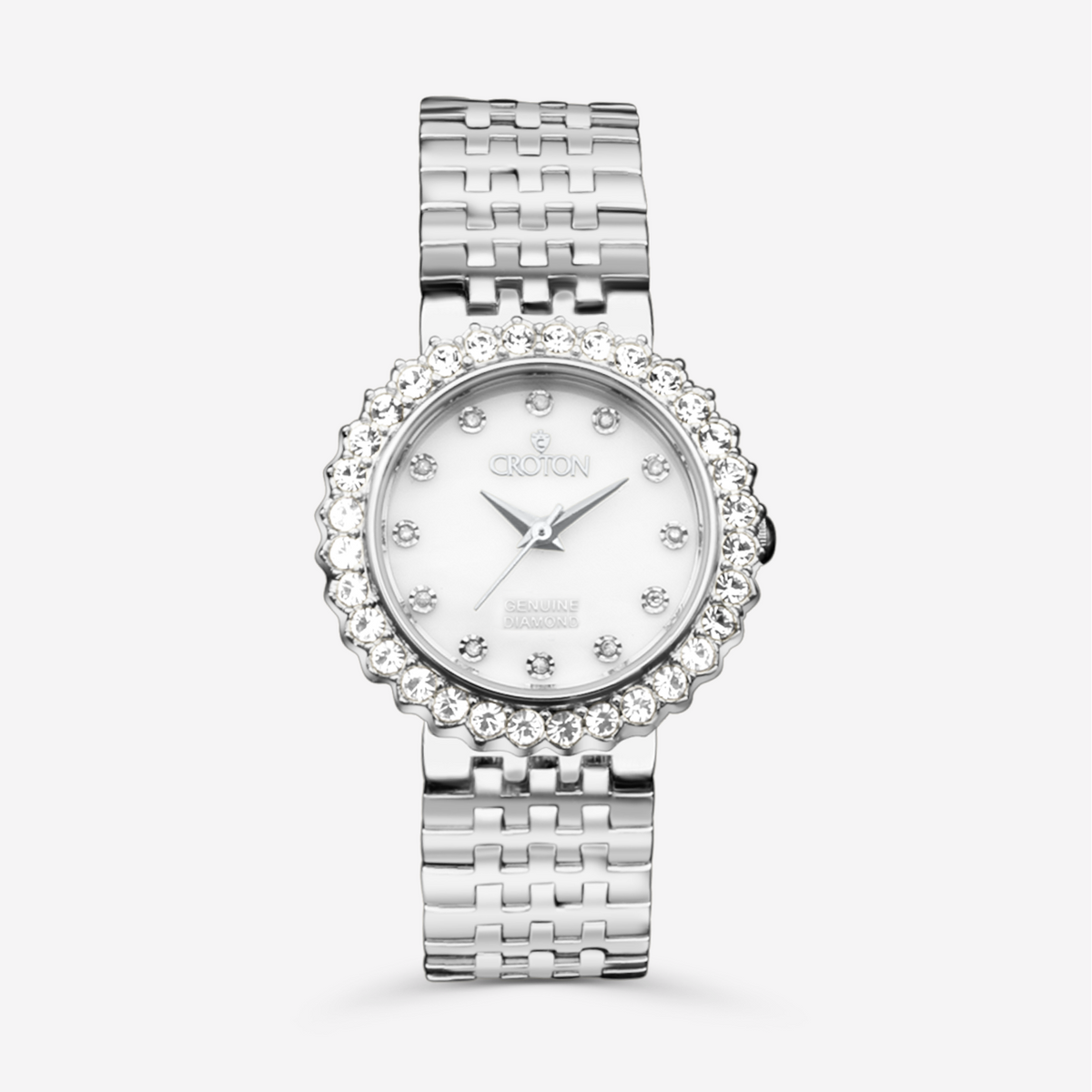 Croton Ladies Silvertone Round Mother of Pearl Dial Watch with Diamond  Markers